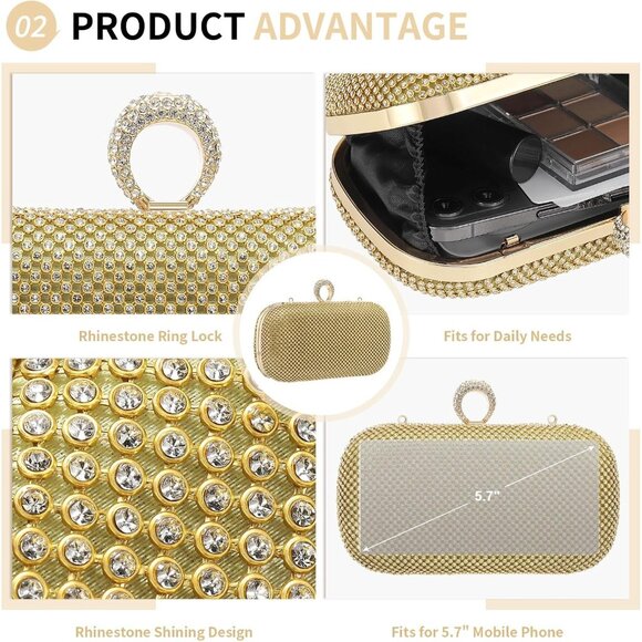 Women Gold Sparkly Rhinestone Evening Clutch Purse Crystal Ring Clasp Handbag - Picture 4 of 6